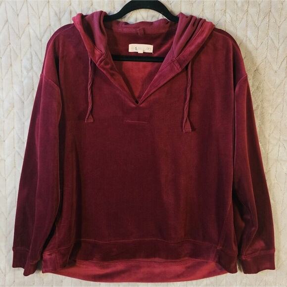 Lou & Grey Velour Hoodie Womens S V Neck Red Relaxed Fit Casual Athleisure Top - Picture 1 of 6